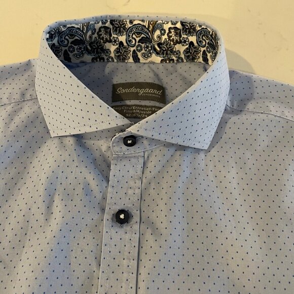 Sondergaard Copenhagen LS Button Down Fitted Polka Dot Print Shirt Blue Sz 16.5 - Picture 2 of 12